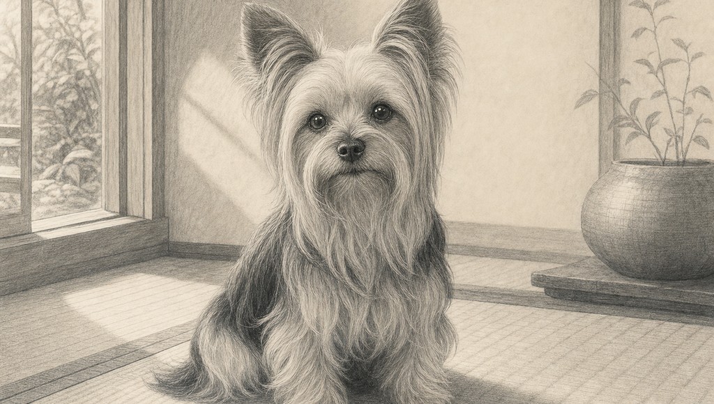 鉛筆画調のシニア犬イラスト（ヨークシャーテリアの平均寿命は？慢性腎臓病に気をつけて、シニア期を穏やかにのアイキャッチ）