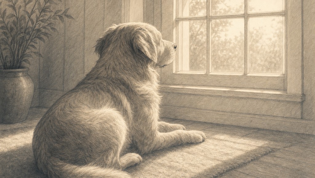 鉛筆画調のシニア犬イラスト（犬の認知症サイン｜早期に気づけるチェックリストと、受診の目安のアイキャッチ）