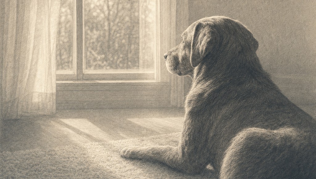 鉛筆画調のシニア犬イラスト（犬の認知症 症状｜早見表と進行段階、家でできる対応のアイキャッチ）