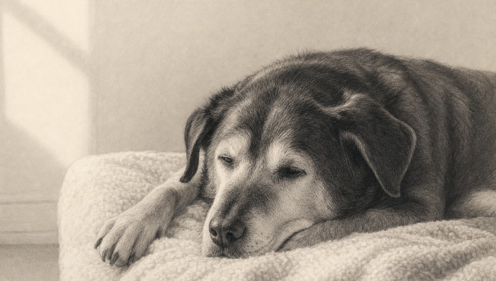 鉛筆画調のシニア犬イラスト（シニア犬の食事｜量・回数・切り替えタイミングの決め方のアイキャッチ）