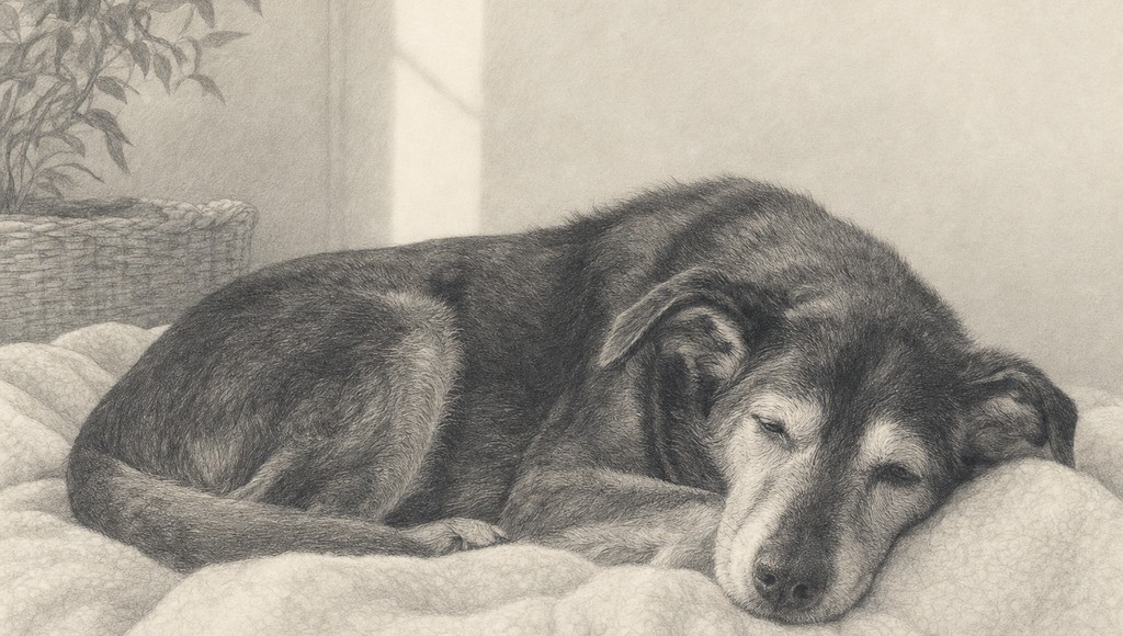 鉛筆画調のシニア犬イラスト（老犬の徘徊、部屋の整え方と道具｜家で落ち着ける工夫のアイキャッチ）
