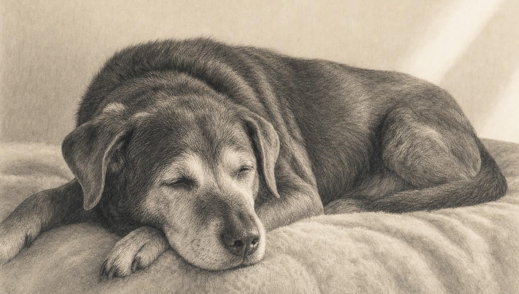 鉛筆画調のシニア犬イラスト（老犬ホームとは｜サービス内容と、施設に確認したいことのアイキャッチ）
